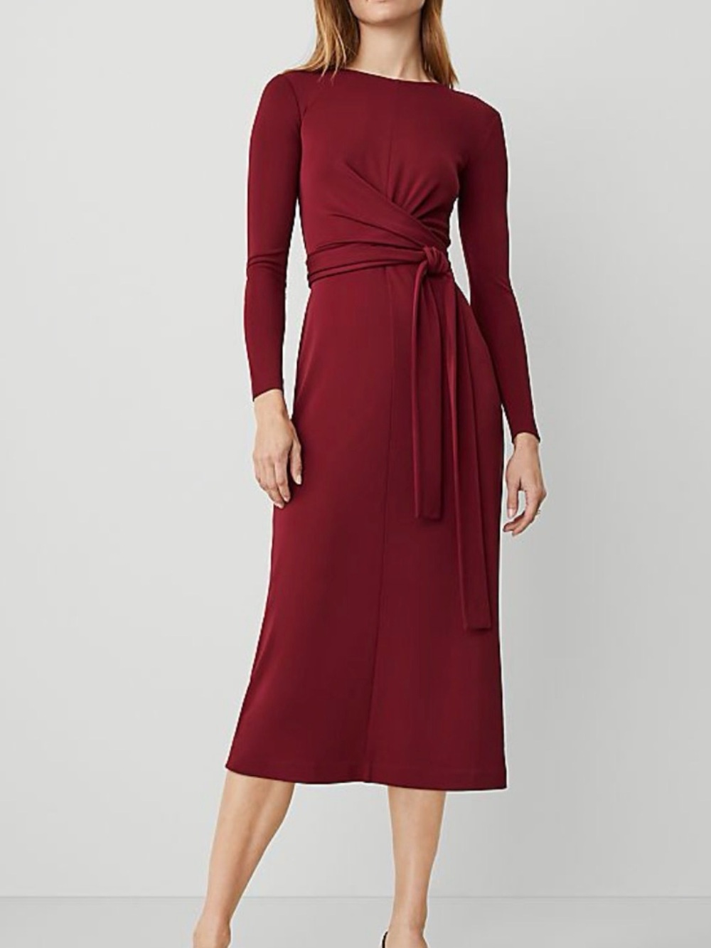 Ann Taylor Long-Sleeve Tie-Waist Midi Dress in Wine Size 14